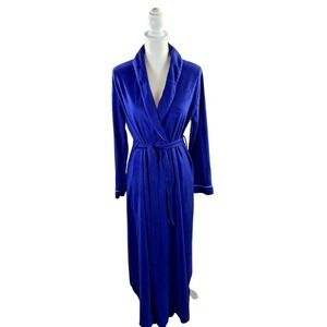 Vintage Carole Blue‎ With White Piping Micro Fleece Long Robe Tie Waist Size M